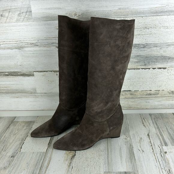 Natori Womens 10 contour wedge tall slouch mid calf Boots gray suede pointed toe - Picture 1 of 12